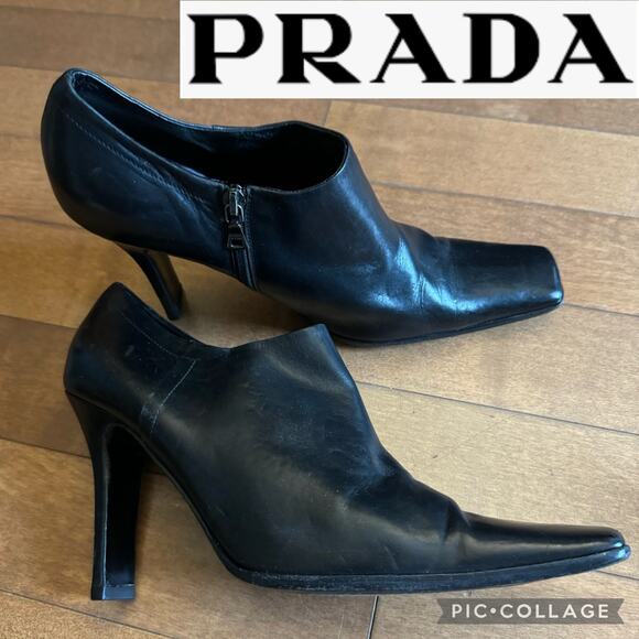 VINTAGE PRADA SQUARE TOE LEATHER BLACK HIGH HEEL ANKLE BOOTS size 40.510